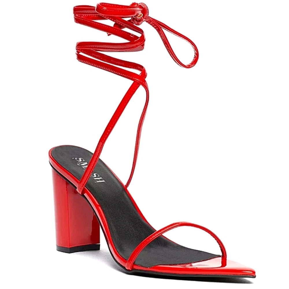 Patent Red Ankle-Tie Block Heel Sandal